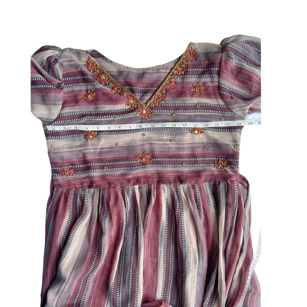 Boho Beaded Striped V-Neck Empire Waist Midi Dress M Burgundy Mauve Puff Sleeve - Picture 3 of 9